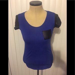 Medium royal blue w/black faux leather t-shirt
